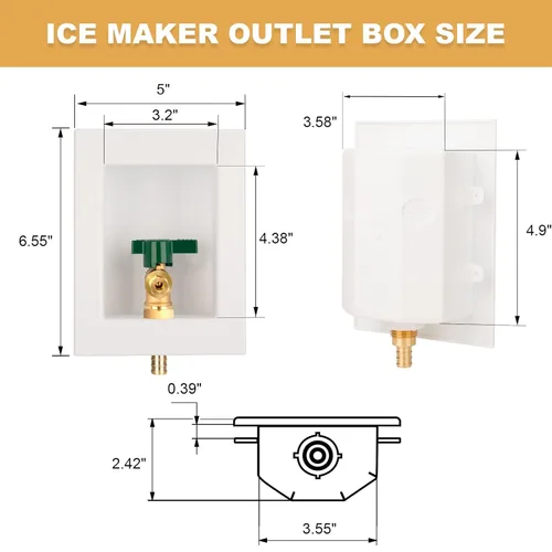 Vista 2 de Caja de salida premontada para máquina de hielo, crimpado Pex de 1/2 pulgada x 1/4 pulgadas OD conexión de compresión con válvula de bola giratoria