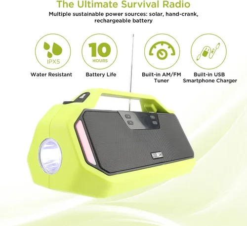 Vista 2 de Altec Lansing StormChaser Rechargeable Emergency Radio, Portable Bluetooth Speaker with NOAA AM FM for Weather Alerts, Solar Powered Survival