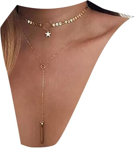 Anglacesmade Gargantilla bohemia en capas con diseño de disco dorado, gargantilla de estrella, collar Lariat y Y, collar con colgante de barra para