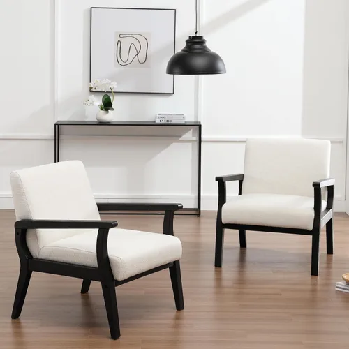 Vista 2 de Juego de 2 sillas decorativas modernas de mediados de siglo, sillón decorativo tapizado de lino con marco de madera, silla de granja, silla