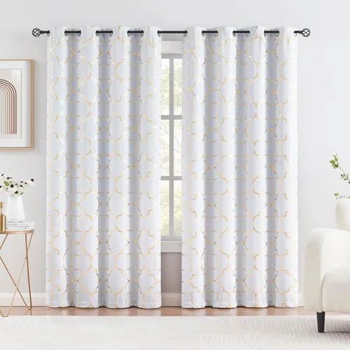 Vista 16 de Purainbow Paneles de cortinas opacas beige para dormitorio, 84 pulgadas, estampado metálico marroquí, cortinas de eficiencia energética
