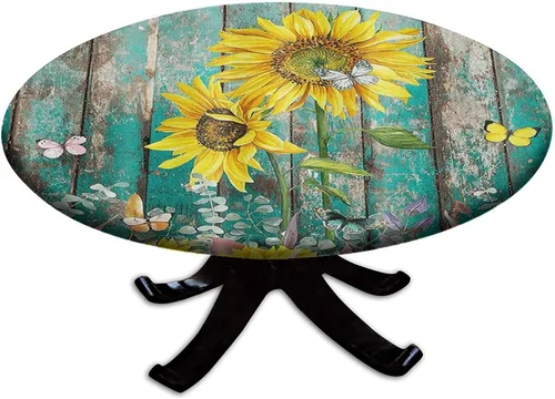 Vista 38 de Mantel redondo ajustable con borde elástico floral azul, mantel con borde elástico de estilo floral pastoral, almohadilla de mesa de poliéster