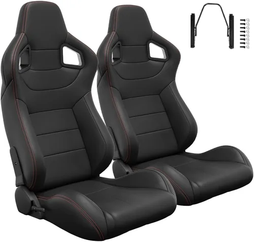 2 piezas de asientos universales de carreras con deslizadores de doble bloqueo, 1 par de asientos de cubo de cuero PVC con dos almohadas de Negro
