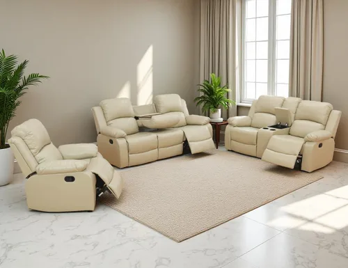 Vista 11 de Sofá reclinable manual, sofá reclinable de lujo de 3 plazas, sofá reclinable con portavasos y mesa de café, sofá de cuero sintético para sala