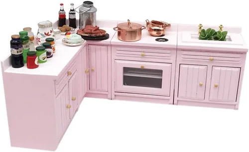 Vista 8 de Accesorios de decoración de casa de muñecas, casa de muñecas 1:12, muebles en miniatura, juego de gabinetes de cocina de madera combinados Rosa