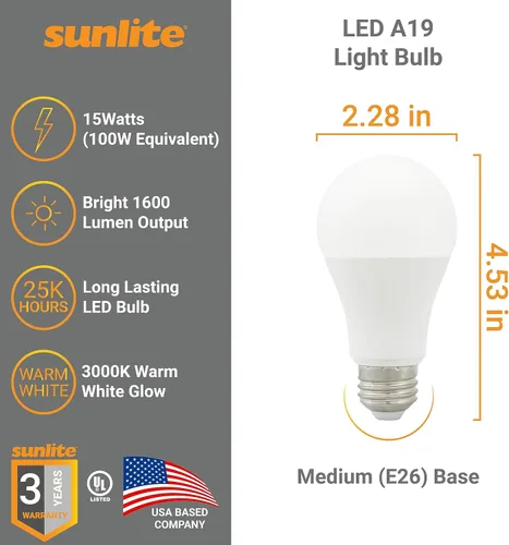 Vista 2 de Sunlite Bombilla LED A19, 15 vatios (equivalente a 100 vatios), 1600 lúmenes, 120 voltios, regulable, base E26 media, certificación UL, blanco