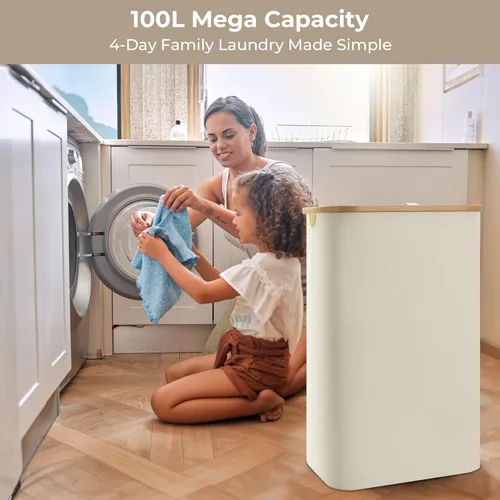 Vista 5 de StorageWorks Cesta de lavandería grande de 100 L con tapa, cesta de lavandería alta con asas de bambú y 1 bolsa interior extraíble, cesta de Beige