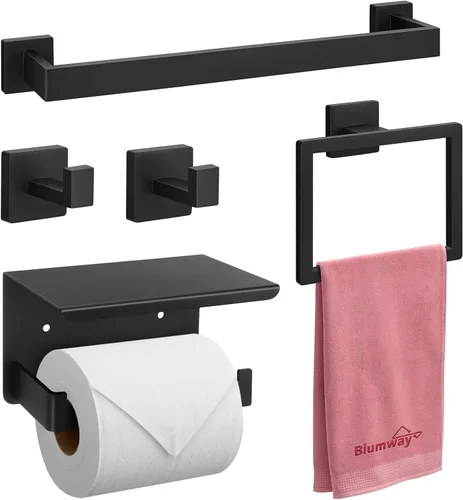 BlumWay Juego de 5 accesorios de baño negro mate, juego de accesorios de baño de 16 pulgadas, acero inoxidable SUS304, soporte para papel higiénico,
