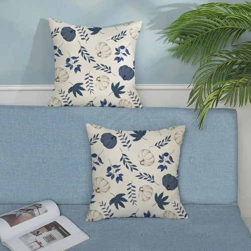 Vista 3 de Fundas de almohada de otoño de 16 x 16 pulgadas, juego de 2 fundas de almohada de hojas de arce de calabaza azul marino para decoración del hogar