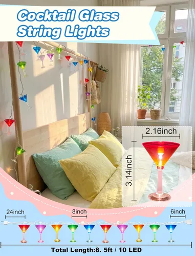 Vista 2 de Guirnalda de luces de cristal de cóctel, 8.5 pies, con temática de playa tropical, luces de copa de vino con 10 luces LED, luces de hadas de patio