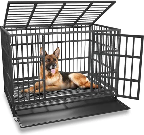 Jaula para perros grandes, de 484238 pulgadas, resistente, indestructible y a prueba de escapes, perros con alta ansiedad, con bandejas de rejilla