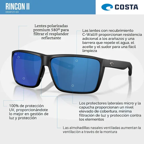 Vista 2 de Costa Del Mar Gafas de sol rectangulares Rincon II para hombre Negro mate/Verde Espejo 20.46 oz