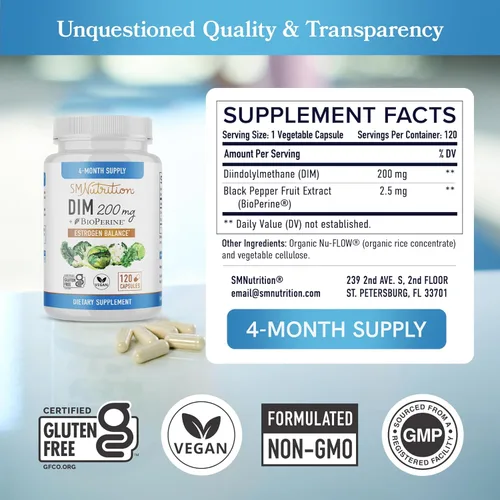 Vista 8 de SMNutrition Suplemento DIM de 200 mg con D-glucarato de calcio Paquete de equilibrio hormonal con cápsulas DIM de diindolilmetano (120 porciones)