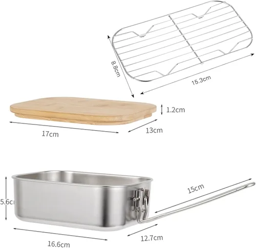 Vista 2 de VALINK Caja de almuerzo, caja Bento de acero inoxidable con asa plegable, recipientes de alimentos con tapa de bambú para acampar al aire libre