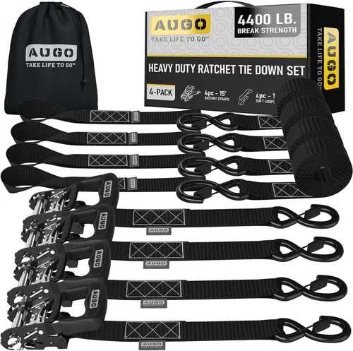 Vista 21 de AUGO Correas de trinquete retráctiles autobloqueantes 4 correas de amarre retráctiles de servicio pesado con autotensado con bucles suaves y bolsa