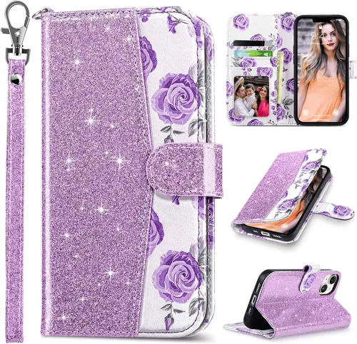 Vista 21 de ULAK Funda tipo cartera compatible con iPhone 14 para mujer, de piel sintética, diseño floral, con tarjetero y función atril, funda protectora tipo