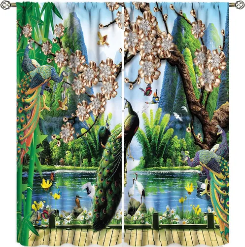 Vista 9 de Cortinas opacas de pavo real, hermoso patrón de estampado de flores de pavo real azul, estampado de mariposas y pavo real, juego de 2 paneles