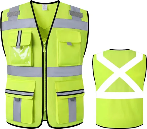 Vista 8 de Chaleco de seguridad clase 2 con cremallera frontal y múltiples bolsillos, chaleco de alta visibilidad, cumple con las normas ANSI/ISEA