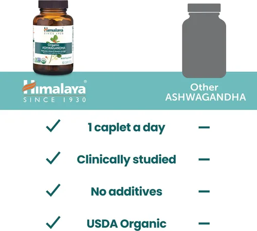 Vista 6 de Suplemento Himalaya Ashwagandha orgánicos para alivio del estrés y Energy Boost, 60 caplets, suministro para 2 meses