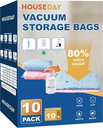 Vista 18 de HOUSE DAY 10 bolsas pequeñas de almacenamiento al vacío con bomba, bolsas de sellado al vacío que ahorran espacio para ropa, viajes, bolsas