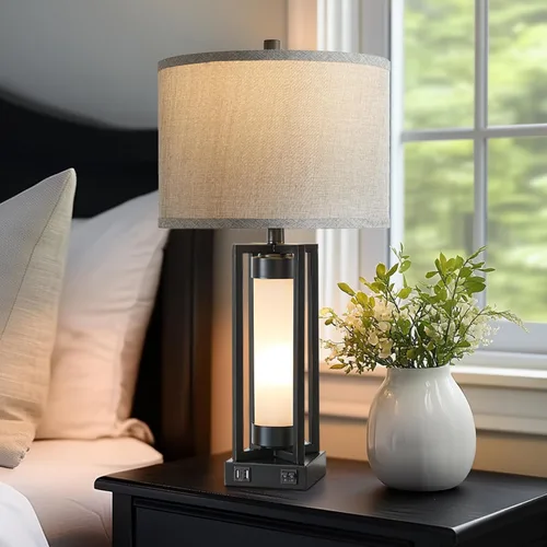 Vista 7 de RORIANO Juego de 2 lámparas de mesa modernas para sala de estar con puertos USB C+A, lámpara rústica de mesita de noche con luz nocturna blanca