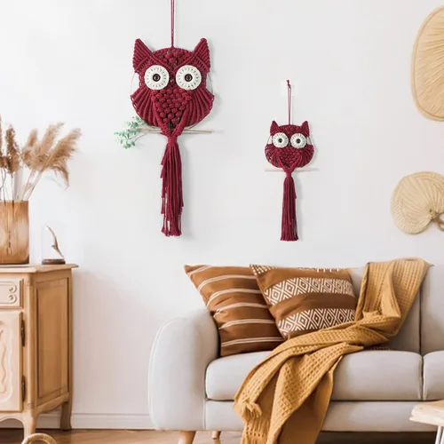 Vista 5 de MVSUTA Owl Burgundy Cotton Handmade Macrame Wall Hanging Tapestry Home Decor Art and Red Craft Wonderful Decoration Woven Boho Ornament for Office