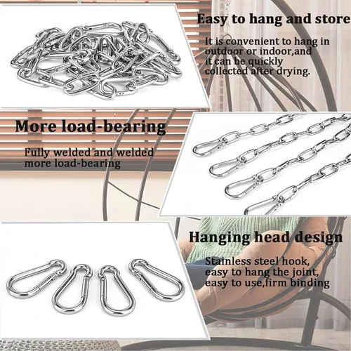 Vista 4 de Cadena de silla colgante de 24.5 pulgadas, cadena resistente de acero inoxidable SUS304 con dos hebillas de escalada para sillas de columpio