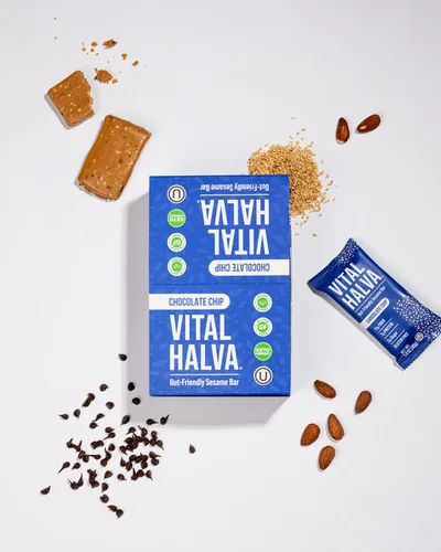 NUEVO SABOR: Barra de sésamo Vital Halva Gut-Friendly Gut, 0.43 oz de fibra, 0.27 oz de proteína, 0.04 oz de azúcar añadida, snack vegano sin gluten