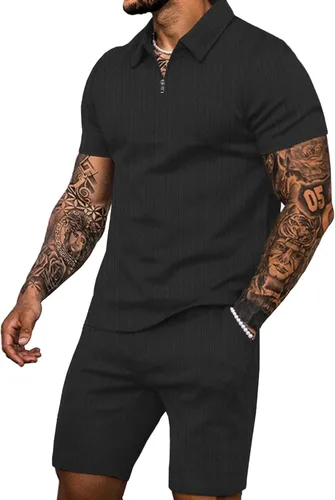 JoZorro Conjunto de camisa polo y pantalones cortos para hombre, conjunto de chándal a la moda, casual, de verano, 2 piezas para hombre
