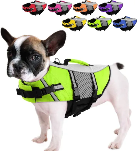 Vista 13 de Chaleco salvavidas para perros, chaleco de natación, ligero, altamente reflectante, para mascotas, con asa de elevación y anillo para correa