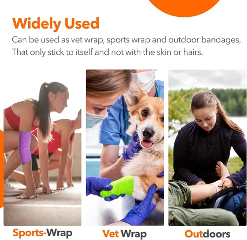 Vista 5 de Vendaje autoadhesivo de 2 pulgadas x 5 yardas, paquete de 12 vendajes cohesivos multicolores, envoltura veterinaria no tejida para perros