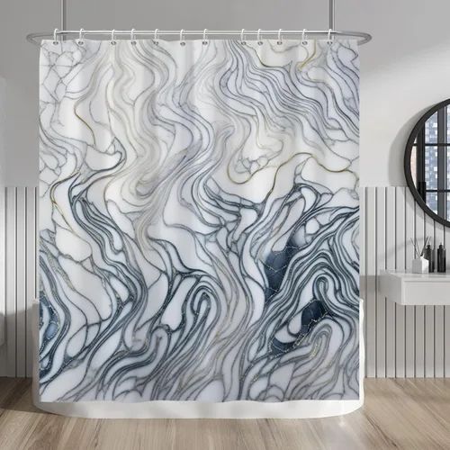 Vista 100 de Baocicco Cortina de ducha de mármol azul abstracto a rayas, decorativa, textura de lujo, línea moderna, decoración de acuarela, juego de cortinas