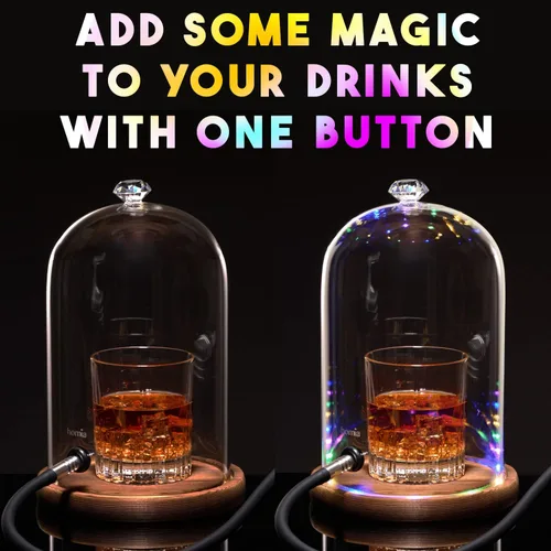 Vista 4 de Accesorio para pistola de ahumar, luces LED, cúpula de vidrio de 9 x 5.7 pulgadas, tapa con base de madera, tapa de infusor de humo para ahumador