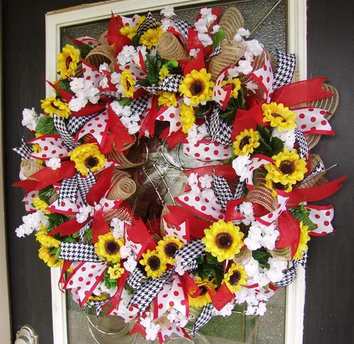 Bright Spring Summer Red Polka Dot Sunflower Deco Mesh Front Door Wreath, Porch Patio Decor, Indoor Outdoor Decoration