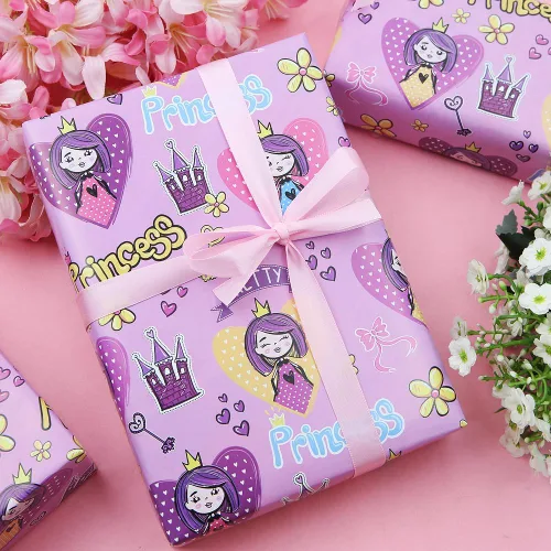 Vista 4 de Geluode Papel de regalo de cumpleaños de princesa para niñas y bebés, bonito diseño de castillo de princesa rosa, papel de regalo para cumpleaños