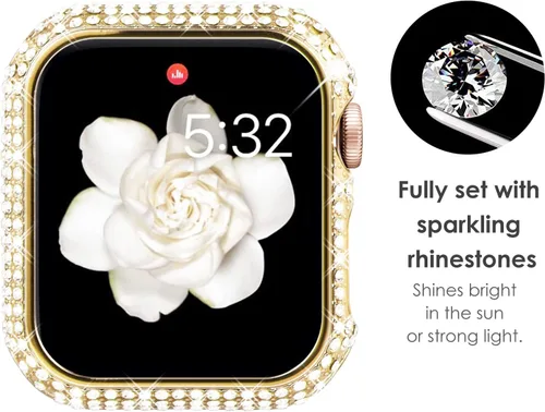 Vista 2 de NewWays Paquete de 2 carcasas con diamantes brillantes para Apple Watch de 1.772 pulgadas para mujer, parachoques protector con diamantes totalmente
