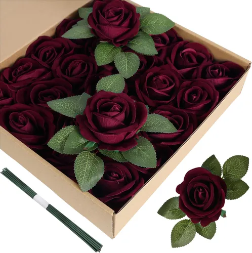 Vista 8 de Rosas Artificiales Rojas 25 PCS Rosas de Terciopelo Flores Artificiales de Aspecto Real Flores de Seda con Tallos para Bricolaje Boda Fiesta Baby