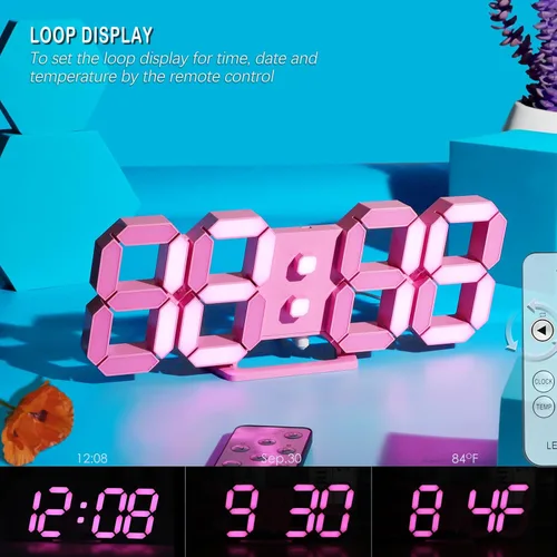 Vista 5 de KOSUMOSU Reloj LED rosa 3D de pared de 9.7 pulgadas, reloj de mesa para sala de estar, reloj digital moderno para dormitorio, estético, mesita