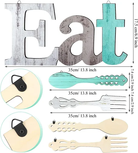 Vista 5 de Juego de letreros de comer, tenedor y cuchara, decoración de pared de madera rústica, decoración de comer, lindas letras para cocina, hogar