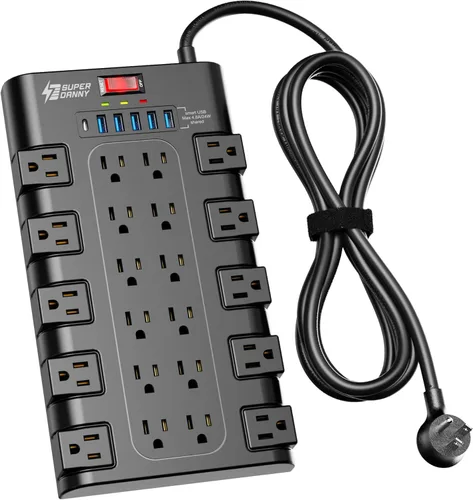 Regleta de alimentación, SUPERDANNY - Protector contra sobretensiones con 22 tomas de corriente AC y 6 puertos de carga USB, 1875 W/15 A, 2100