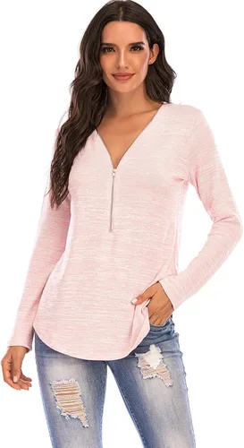 Acelcyceo Blusa holgada con cuello en V para mujer blusa de manga larga y corta con cremallera