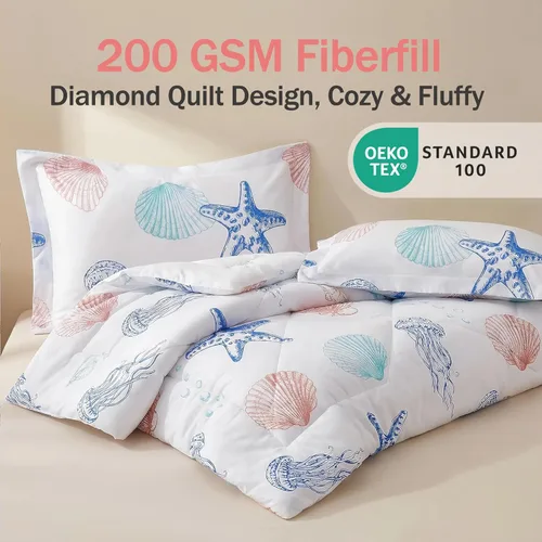 Vista 2 de JSD - Juego de edredón con tema de playa para niños, tamaño individual, con estampado de medusas y estrellas de mar, edredón ligero lavable