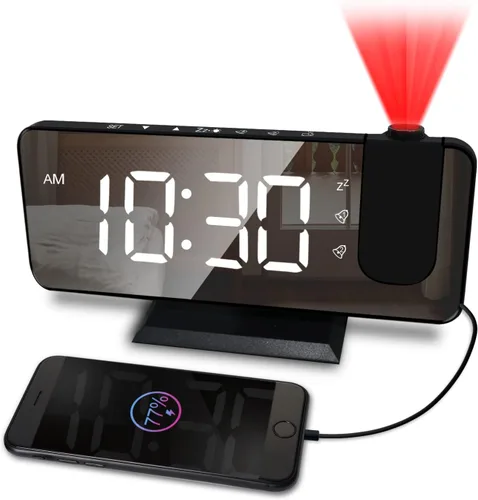 Reloj despertador de proyección para dormitorio, pantalla LED grande de 7.4 pulgadas con proyección de techo, proyector de 180, cargador USB,