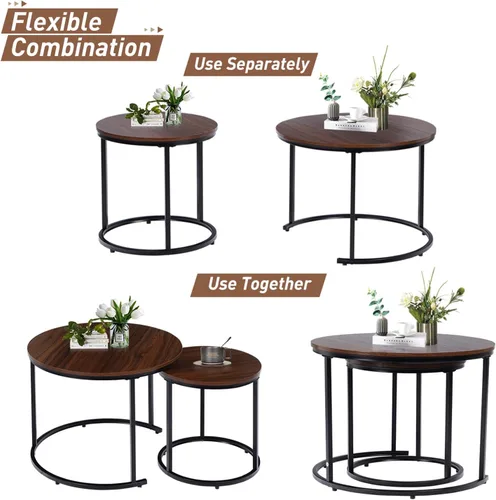 Vista 4 de EUROSAKURA Mesa de centro anidable, mesas redondas anidables de 23.6 pulgadas, juego de 2, mesas decorativas apilables con marco de metal para sala