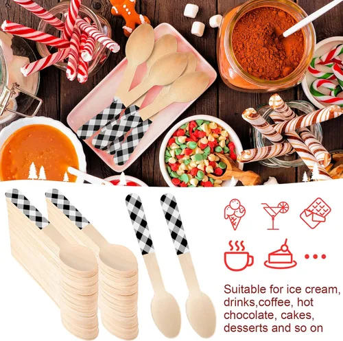 Vista 4 de Umigy 100 cucharas de madera desechables de 5.5 pulgadas, cucharas de madera desechables de Navidad con patrón de cuchara de madera para chocolate
