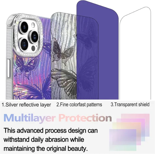 Vista 310 de I-MGAE-IN-AR - Funda diseñada para iPhone 12 y 12 Pro, diseño de mariposa plateada brillante, funda protectora de poliuretano termoplástico, suave