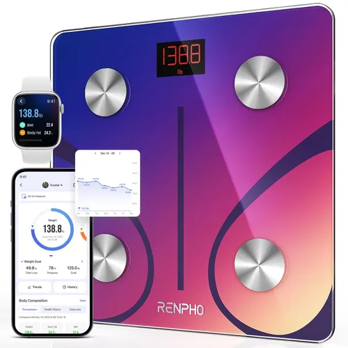 Vista 13 de RENPHO Báscula para peso corporal, báscula inteligente con IMC, grasa corporal, masa muscular, Bluetooth, 13 métricas con pantalla grande, Negro