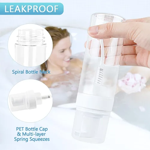 Vista 5 de Botella de espuma vacía transparente de 5.1 onzas líquidas, botella de espuma de viaje para jabón, champú, botella dispensadora de espuma