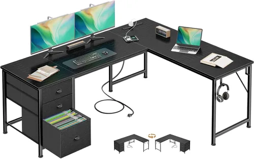 Vista 7 de Furologee 63" L Shaped Computer Desk with Power Outlet & USB-C Port, Reversible Home Office Desk with 2 Fabric Drawers, File Cabinet, Hooks, Large