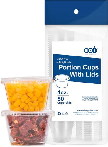 Vista 9 de EDI [1 onza, 100 juegos] Vasos de plástico desechables transparentes con tapas a prueba de fugas Jello Shot, condimento, salsa de inmersión, tazas